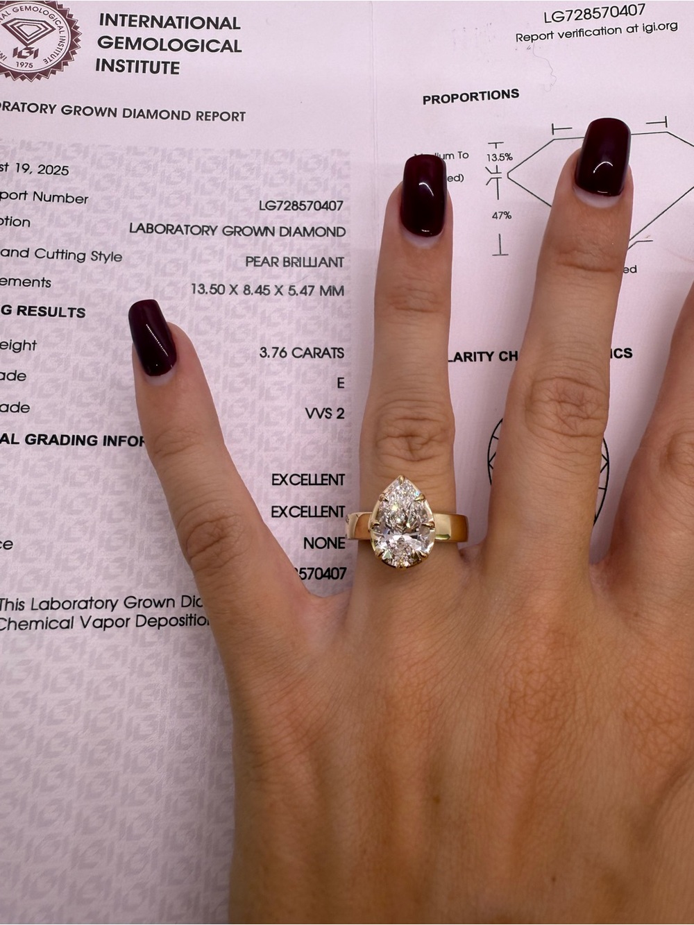 3.57 carat E VVS2 chubby pear on a wide band diamond engagement ring - Picture 11 of 14